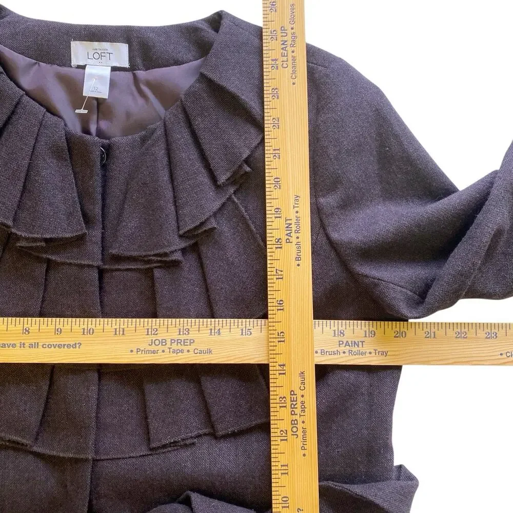 Ann Taylor Loft Jacket Women 12 Plum Wool Blend Ruffle Pleated Neck Belted Lined